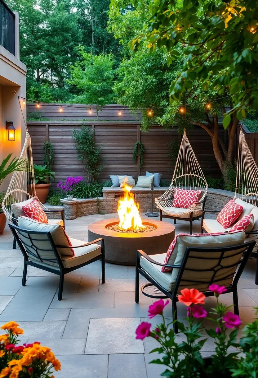 Step into a fairytale ‌garden with whimsical, oversized lounger hammocks encircling‍ a stunning, portable fire pit that ​dances flames amidst blooming flowers