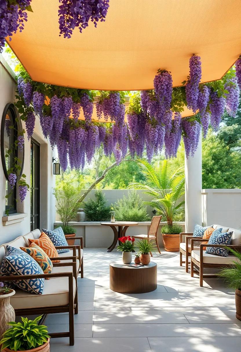Wisteria: Known for its cascading clusters of purple flowers, wisteria adds a touch of elegance and drama to any patio, providing ample shade during the warmer months