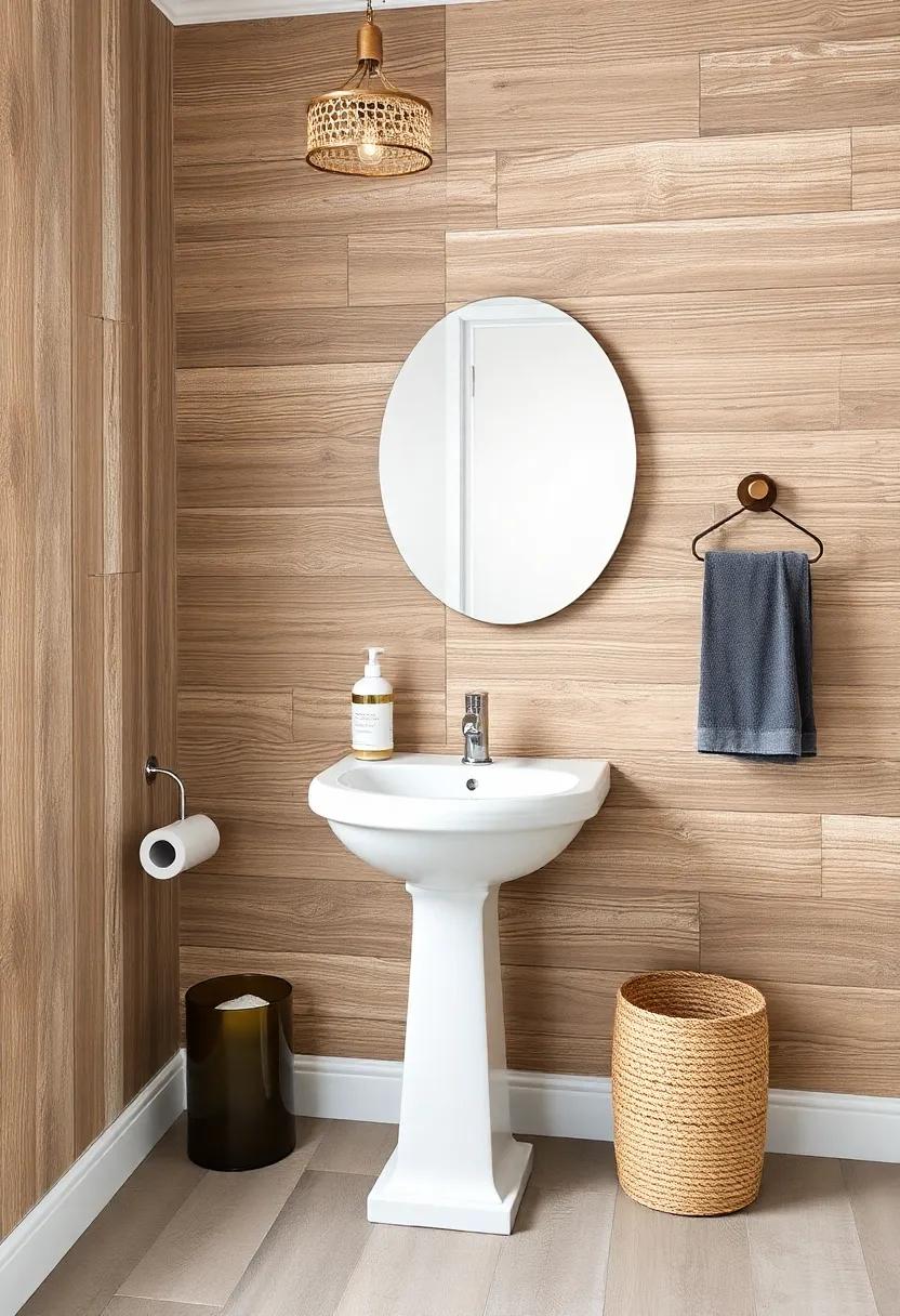 Distressed Wood: Capture the charm of a weathered farmhouse with a distressed wood finish, giving your powder room a rustic, lived-in feel