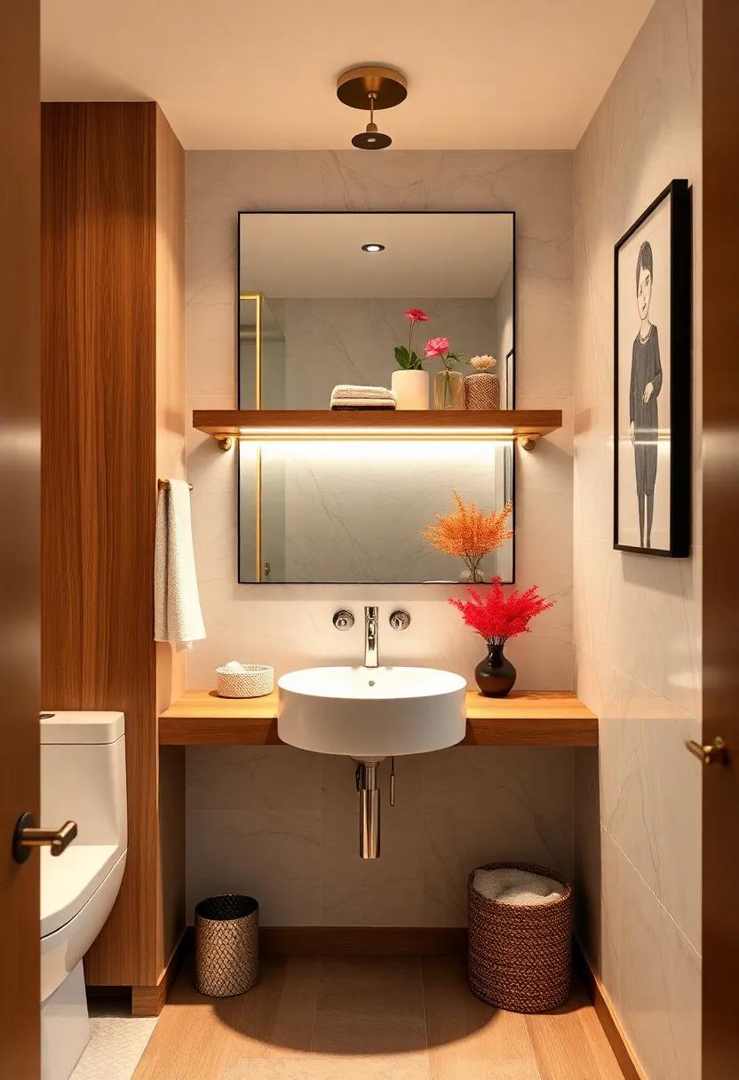 Mirrored Shelf: Install a mirrored shelf that not only ‍serves as‍ storage but also enhances the light and​ space in⁢ your powder room