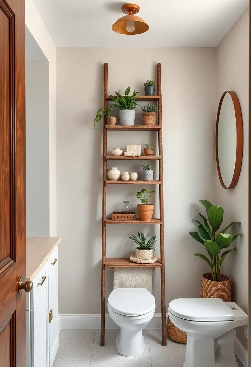 Vintage-inspired Ladder: Lean a rustic wooden ladder against the wall, ‌adorned with delicate ceramics​ and potted plants for a charming touch
