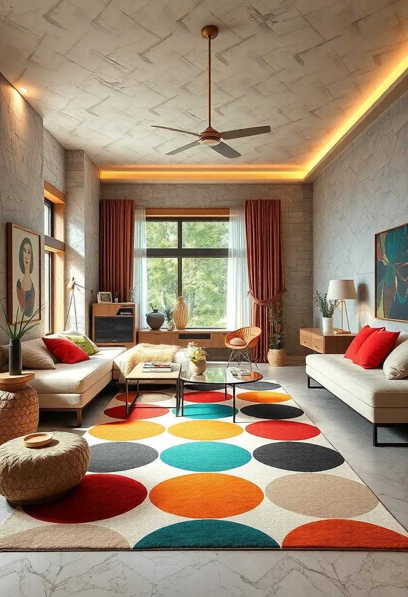 Funky Rugs: Make a graphic statement with a bold area rug that features geometric patterns or playful designs typical of the 70s