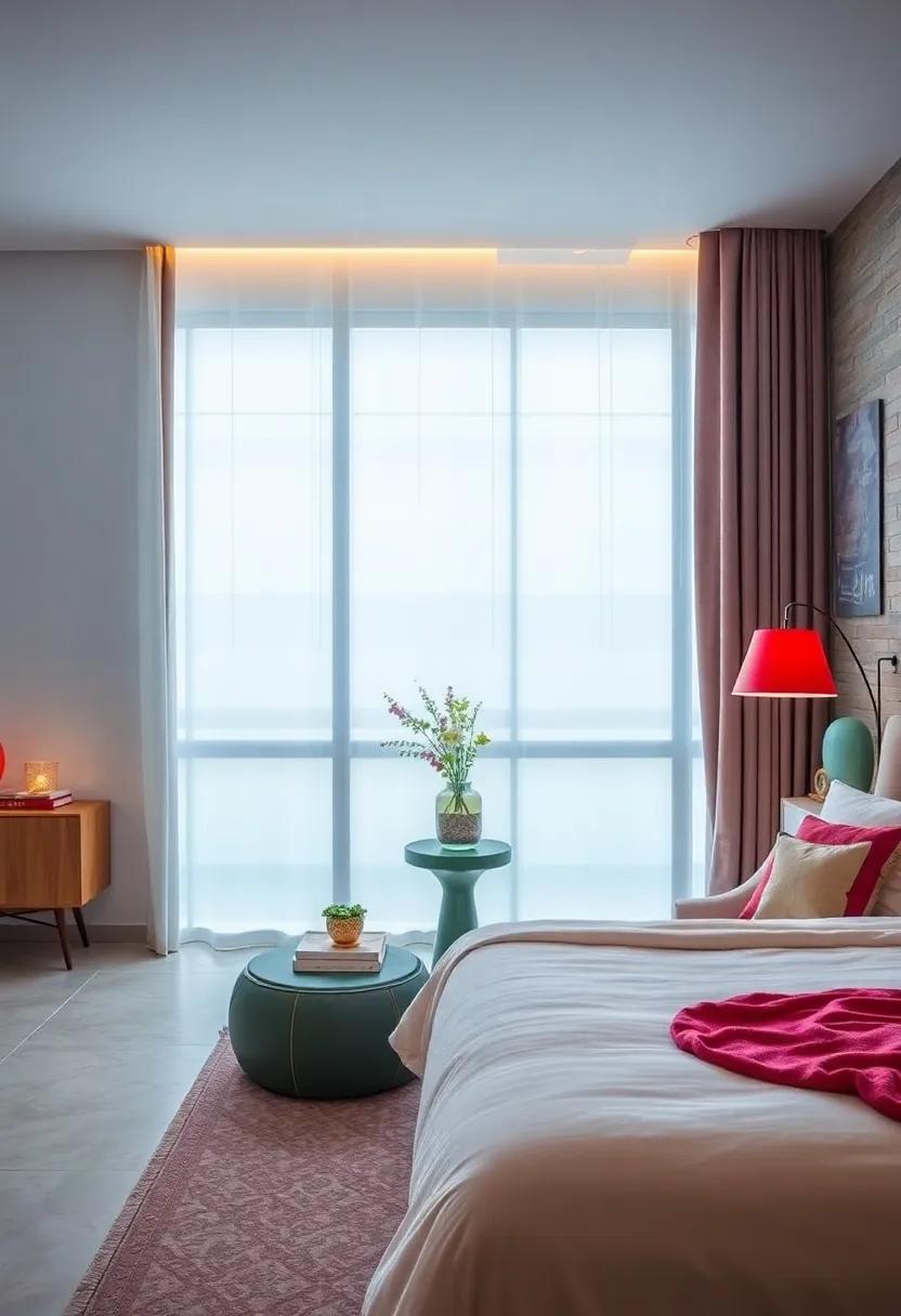 Funky Lampshades: Experiment with unique shapes and colors for table and floor lamps to light your bedroom with personality