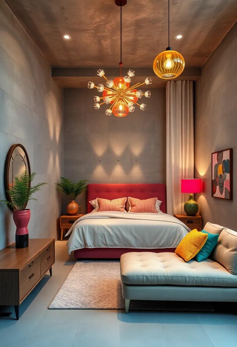Statement Lighting: Choose iconic fixtures like starburst chandeliers or colorful pendant lights to anchor your room with a retro flair