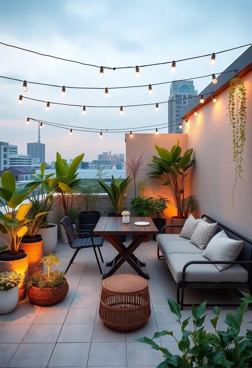Urban Oasis: Transforming a minimalist rooftop into a lush garden retreat with potted plants, string lights, and a cozy seating area