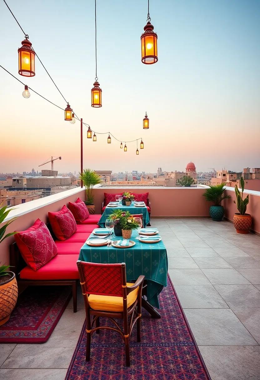 Moroccan Escape: Rich textiles, lanterns, and vibrant colors create an enchanting rooftop inspired by Moroccan design, perfect for exotic dining experiences