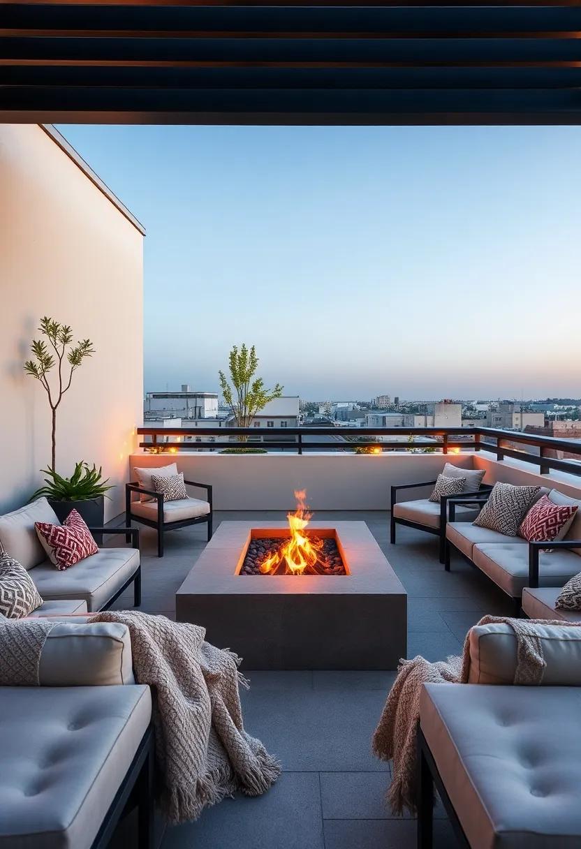 Cozy Fire pit Haven: An intimate space centered around a modern fire pit,with plush seating and blankets for chilly evenings under the stars