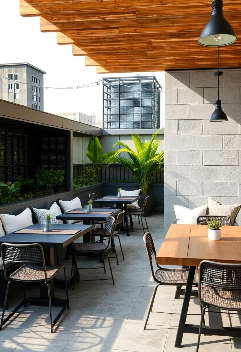 industrial Edge: Combining metal, concrete, and wood elements, this rooftop style embraces a raw, urban aesthetic perfect for trendy gatherings