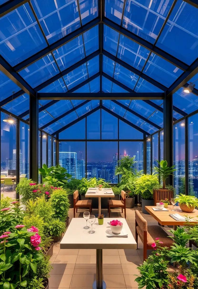 High-rise Greenhouse: A rooftop converted into a greenhouse, allowing guests to dine amid flowering plants and fresh herbs, blending culinary art with nature