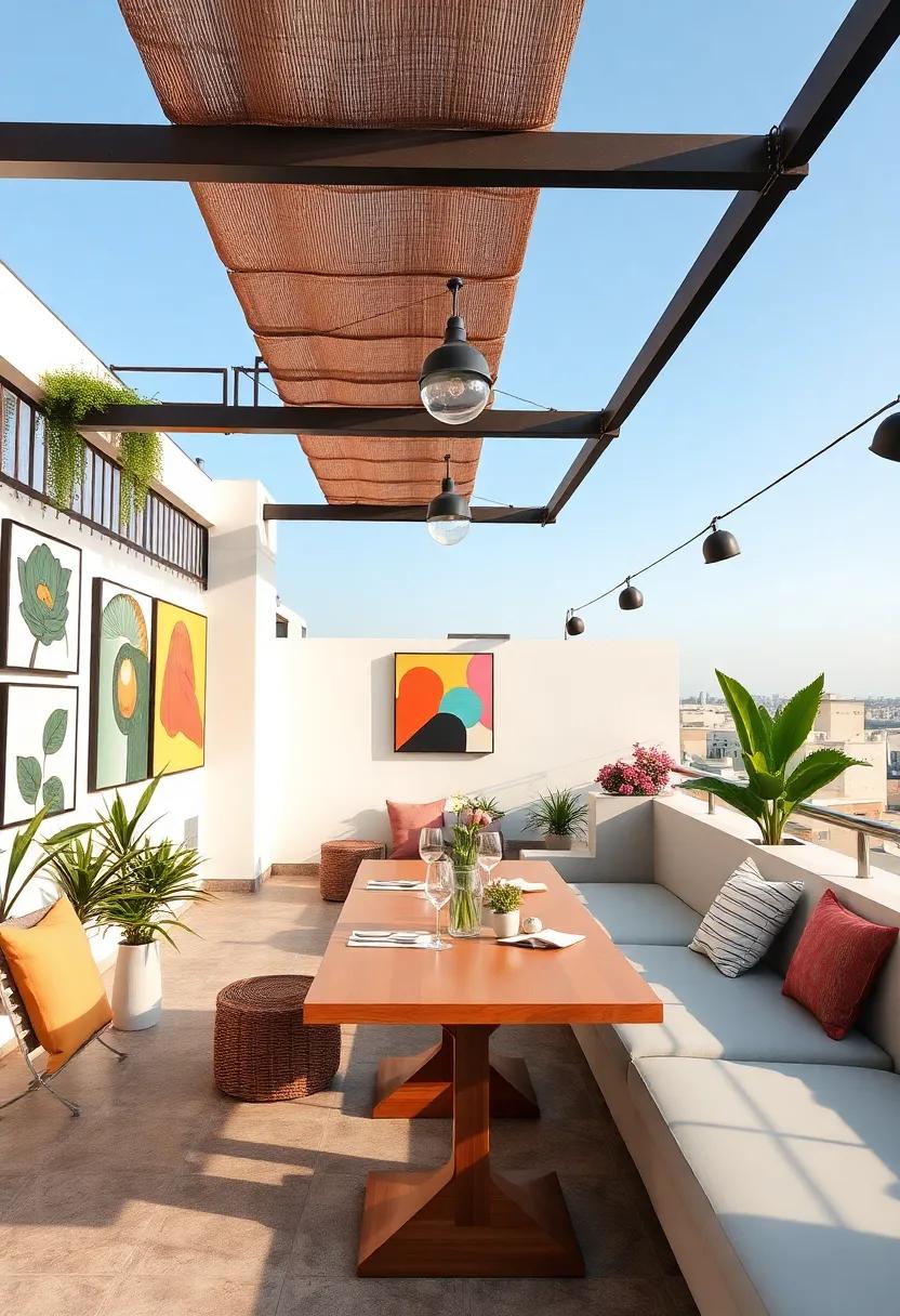 Modern Artistry: An artistically inspired rooftop adorned with local artwork, providing a creative space that stimulates conversation and creativity during dining