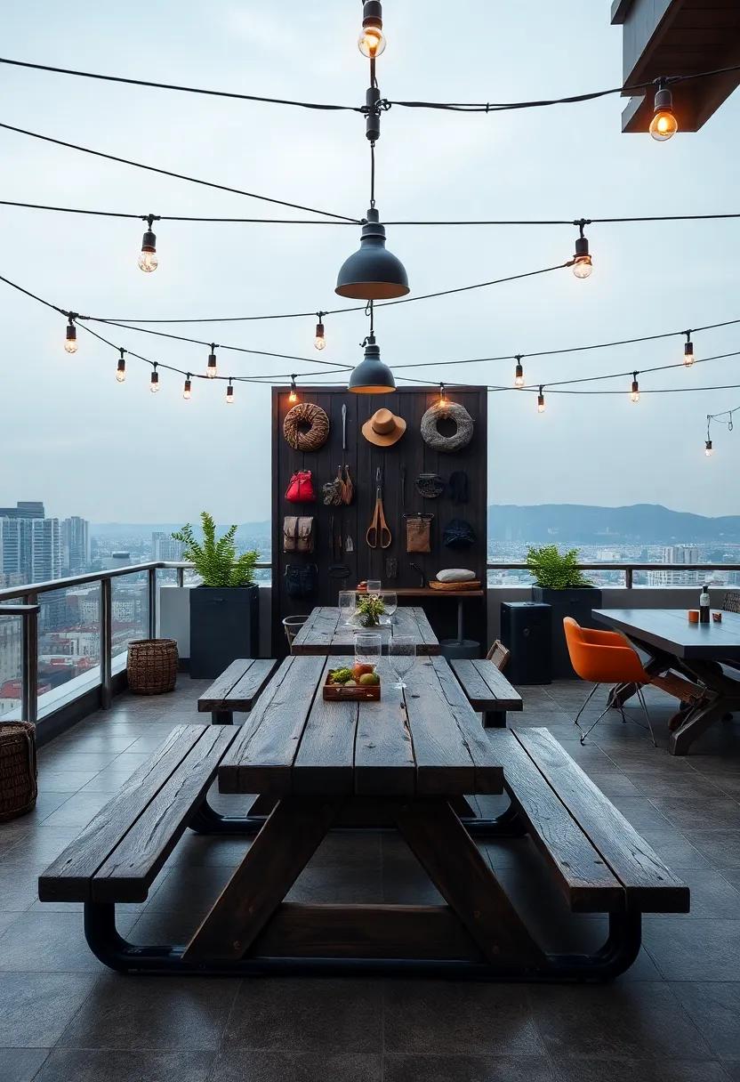 Adventure Awaits: A rugged rooftop dining area with hiking gear accents, rustic picnic tables, and outdoor games for the adventurous spirit