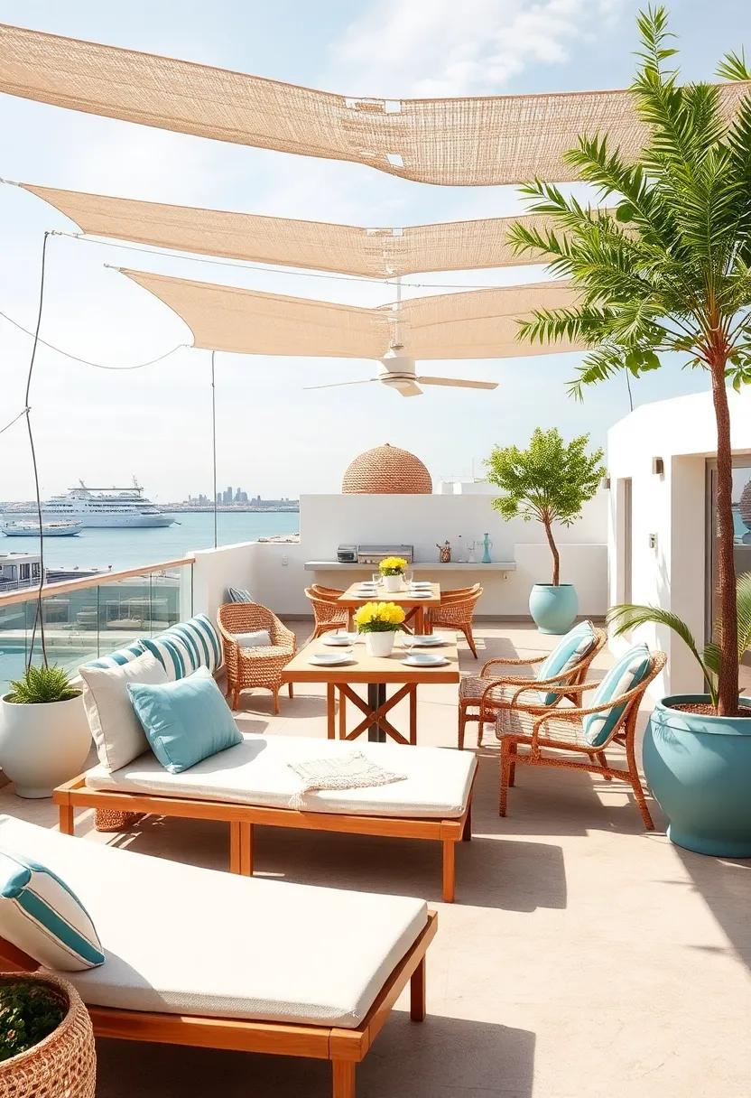 Seaside Escape: A coastal-themed rooftop adorned with nautical décor, sandy tones, and comfortable loungers that evoke a beachside holiday