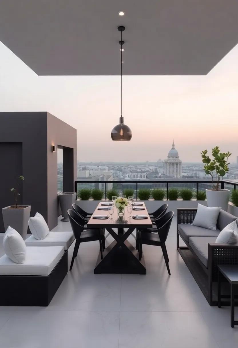 Sleek Modern elegance: A contemporary rooftop dining area with geometric furniture,monochromatic colors,and sleek lines that exude sophistication