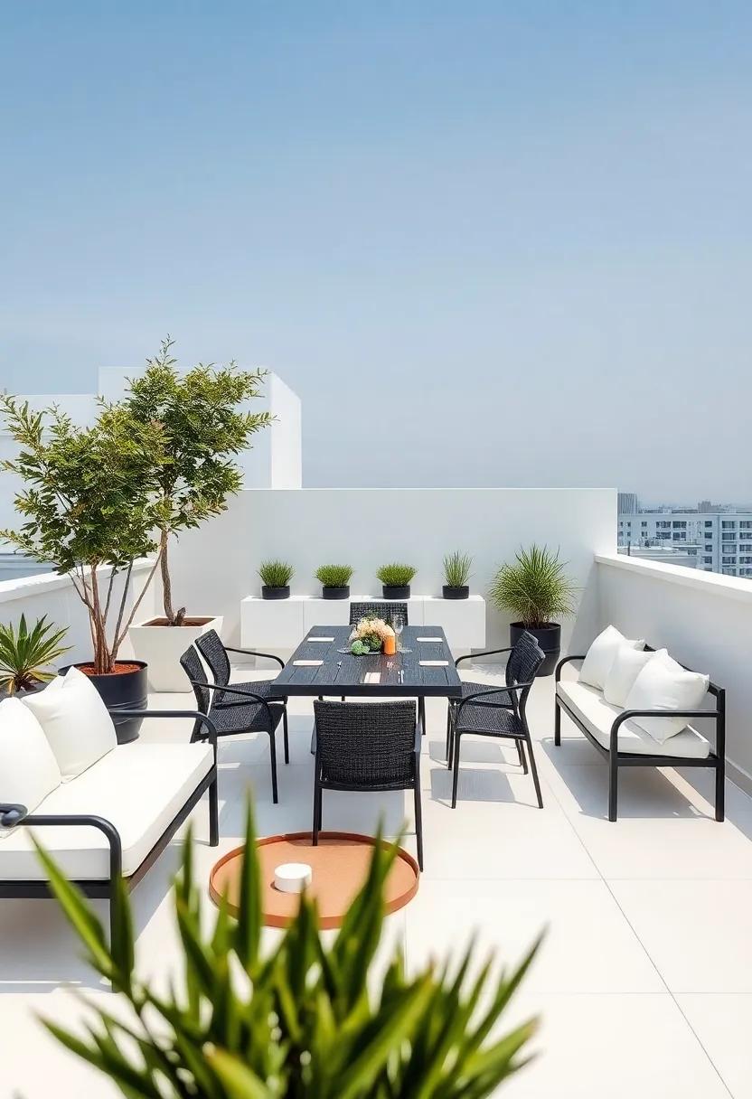 Modern Minimalist: A clean, uncluttered rooftop with simple lines, monochrome colors, and functional furniture for those who value simplicity and sophistication