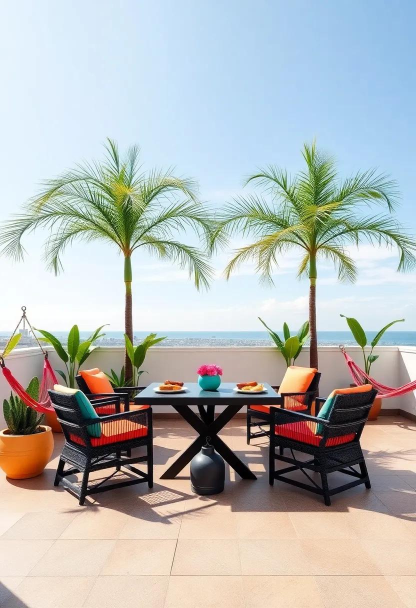 Tropical Paradise: A rooftop deck bursting with palm trees, bold colors, and hammocks, creating a vibrant, vacation-like atmosphere right at home