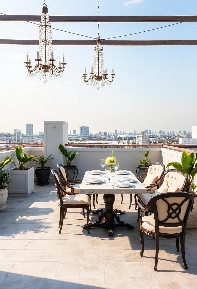 Vintage Glam: Combining antique furnishings, crystal chandeliers, and vintage china, this rooftop design brings a touch of nostalgia to outdoor dining