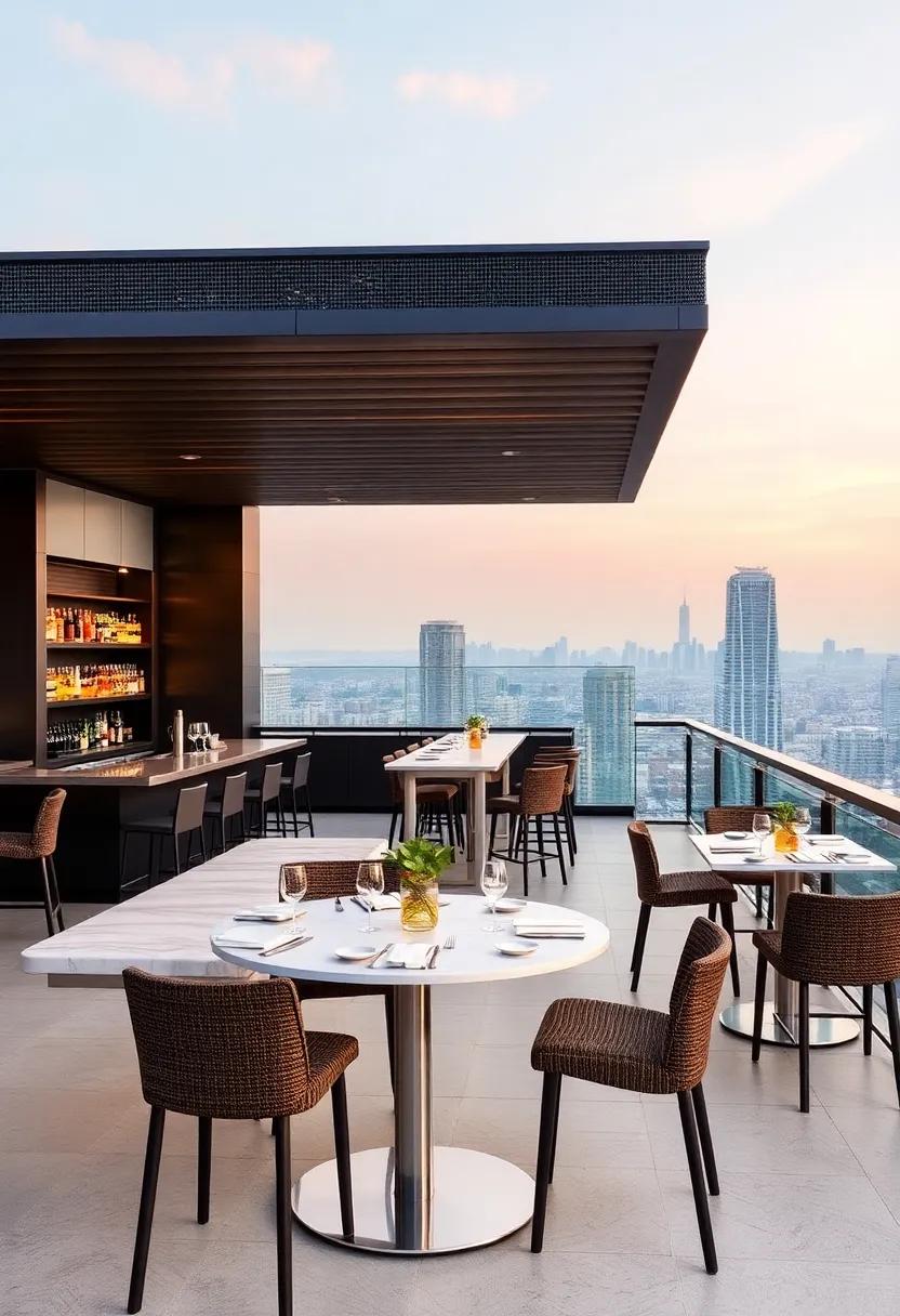 Rooftop Bar with a View: A sleek bar area with high-top tables and a cocktail station,allowing guests to sip drinks while enjoying breathtaking skyline views