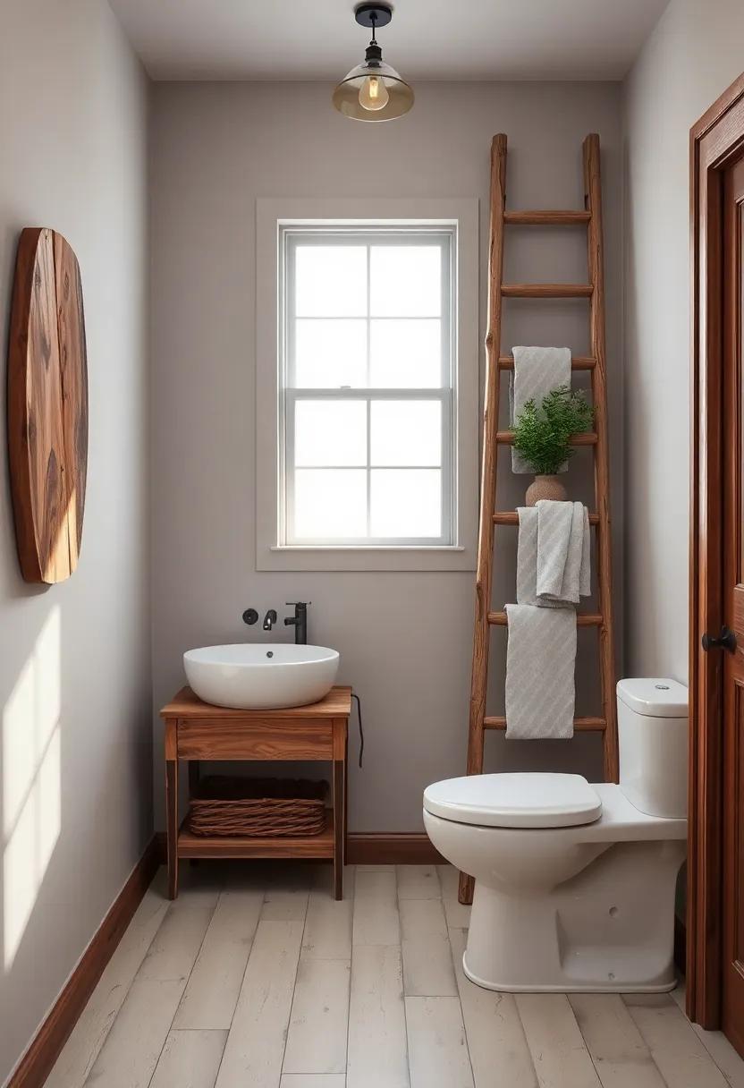 Reclaimed Wood Ladders: Use a wooden ladder to display towels or magazines, adding height and a unique element to your bathroom decor