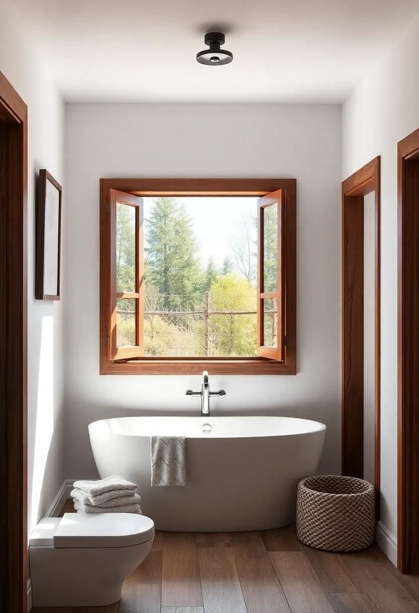 Reclaimed Wood Framing: Frame your bathroom window with rustic wood to seamlessly blend the natural scenery outside with your interior design
