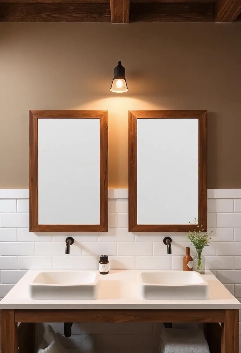 Rustic Wood Framed Mirrors: Install mirrors framed with distressed wood to bring a charming, vintage vibe to your bathroom decor