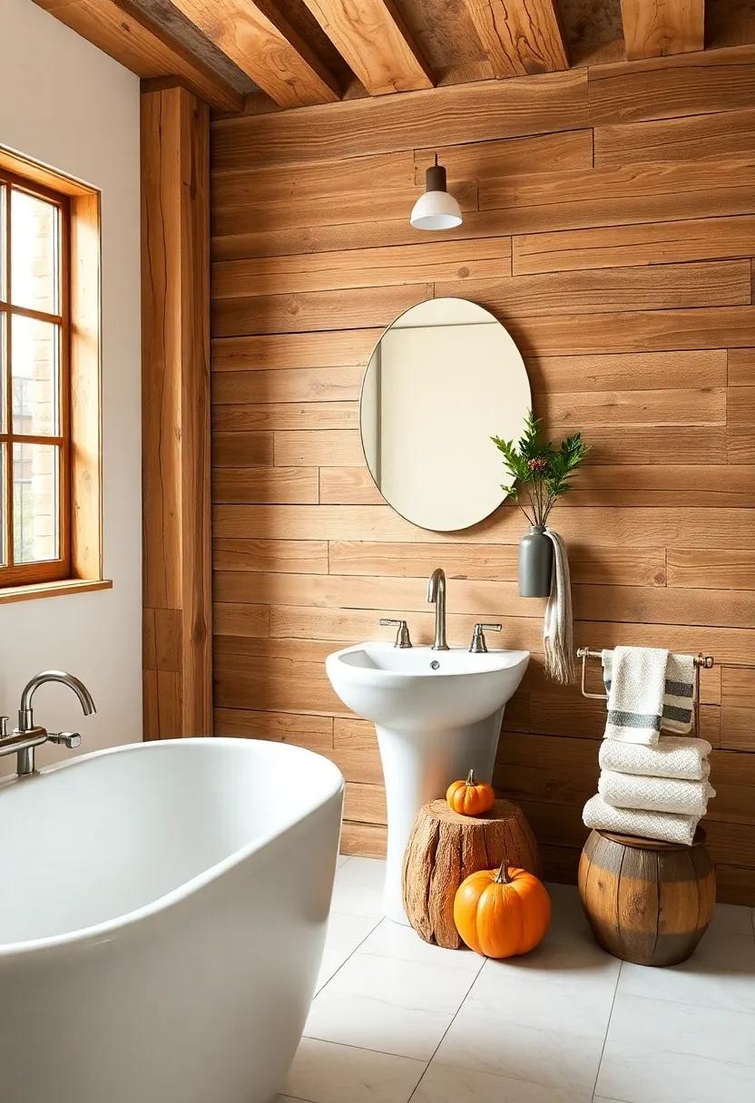 Seasonal Wood Decor: Swap out decorative wood pieces each season, such as pumpkins in fall or flowers in spring, for an ever-evolving rustic bathroom aesthetic