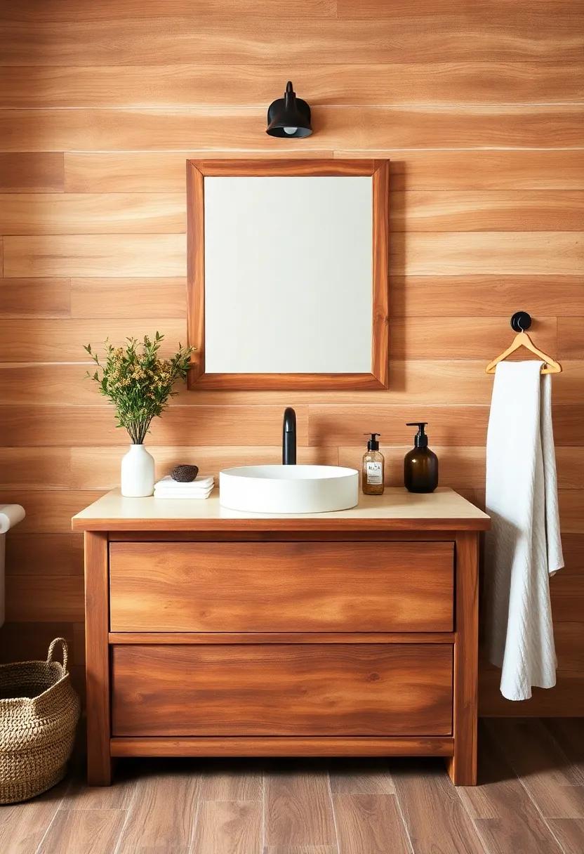 Vintage Wood Vanity: Create a stunning focal point by repurposing an old dresser or table into a rustic bathroom vanity, complete with a stylish sink