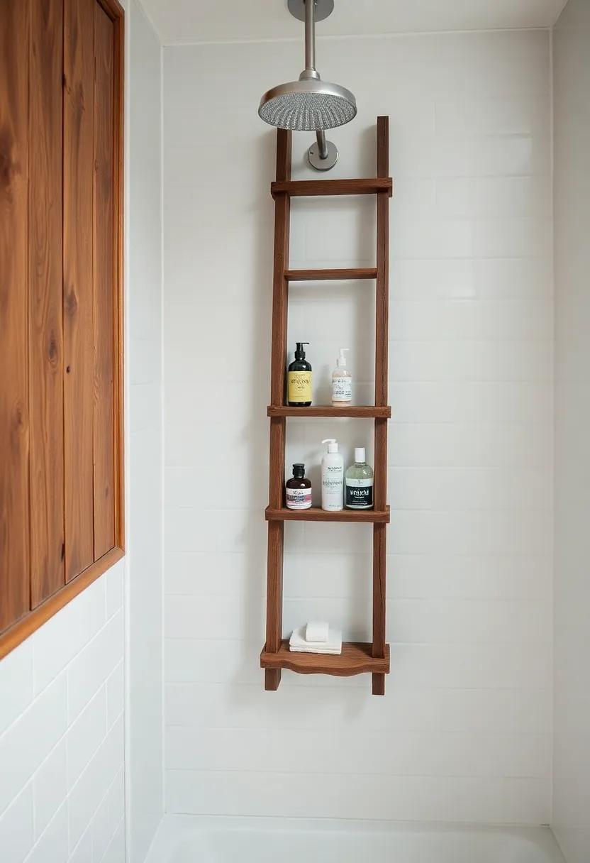 Vintage Wood Ladder Shower Caddy: Suspend a rustic ladder in your shower as a caddy to hold bath products, offering a quirky yet functional style