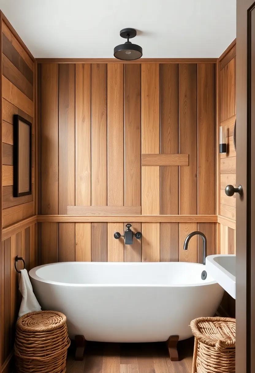 Wood Board Wainscoting: Install reclaimed wood board wainscoting around your bathroom to provide a cozy,cabin-inspired atmosphere