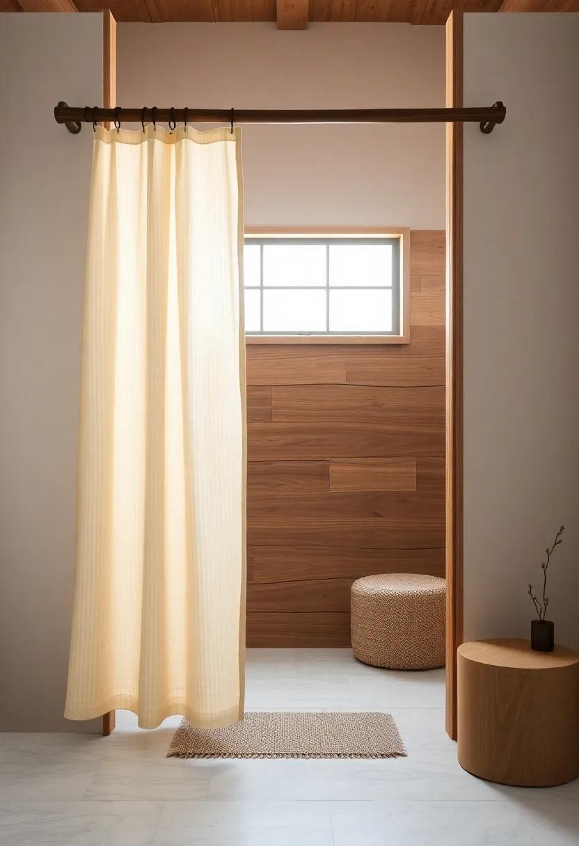 Wood Framed Shower Curtain: Frame your shower area with a wooden curtain rod and natural fabric for a soft, rustic look that flows seamlessly