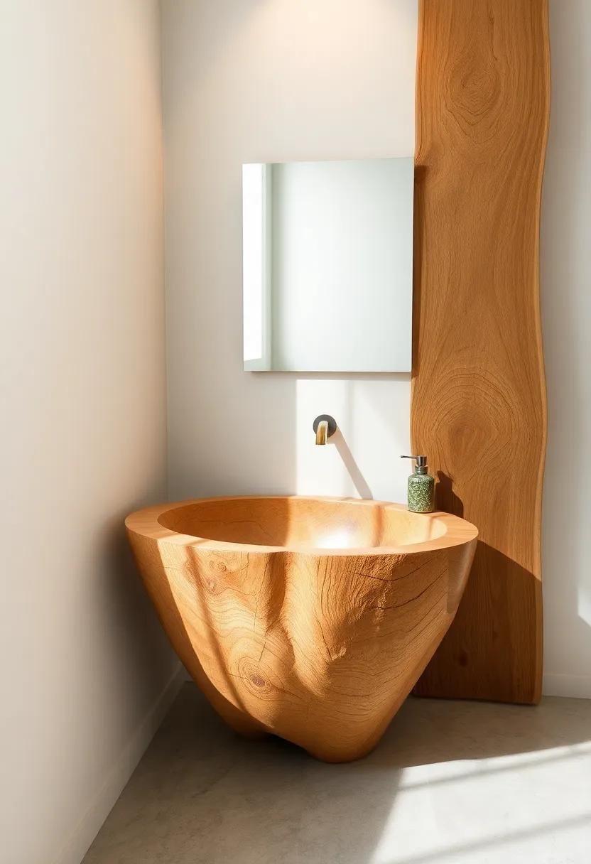 Wooden Basin Sink: Consider a sink carved from a solid piece of reclaimed wood to serve as a stunning centerpiece in your rustic bathroom