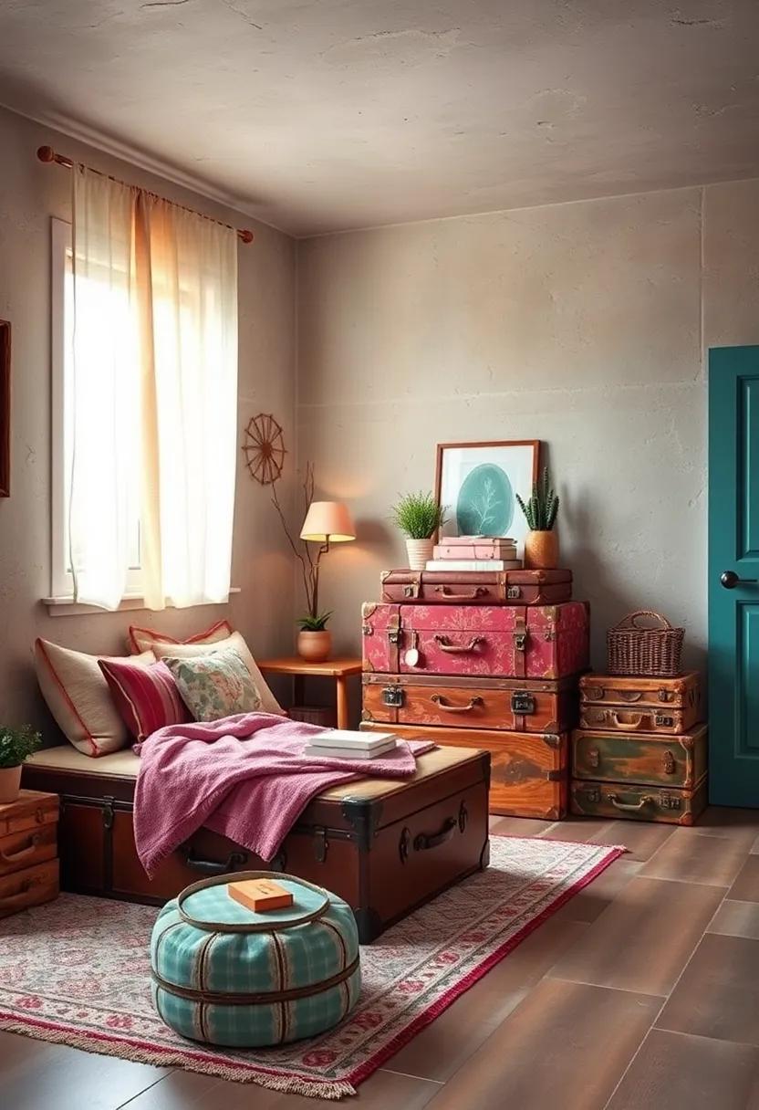 Utilize Vintage Suitcases: Stack vintage suitcases as unique side tables or storage; ​they ​add character and are perfect​ for hiding away less decorative items