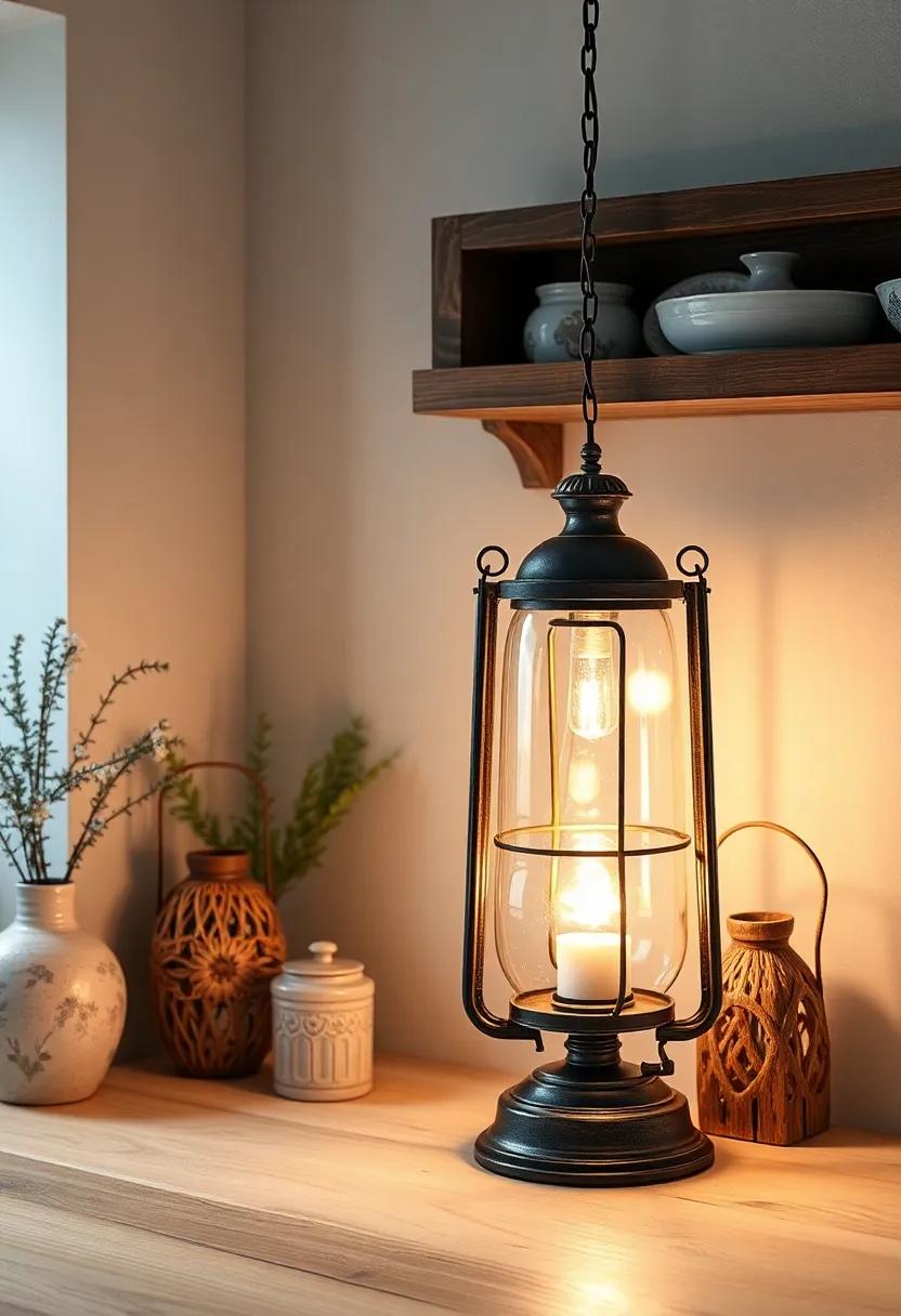 Antique Lantern Stands: Create an inviting atmosphere with antique lantern stands that evoke memories of simpler times and softly light up your kitchen corners