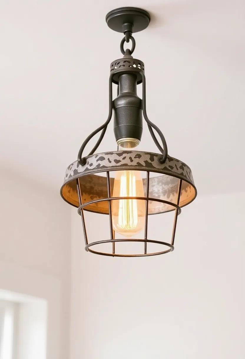 Distressed metal Ceiling Fixture: Perfect for achieving that weathered farmhouse look, a distressed metal ceiling fixture combines elegance with a touch of rustic charm