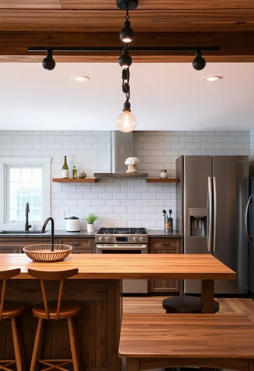 farmhouse Track Lighting: Blend versatility with rustic appeal in your kitchen with adjustable farmhouse track lighting perfect for illuminating workspaces and gathering areas