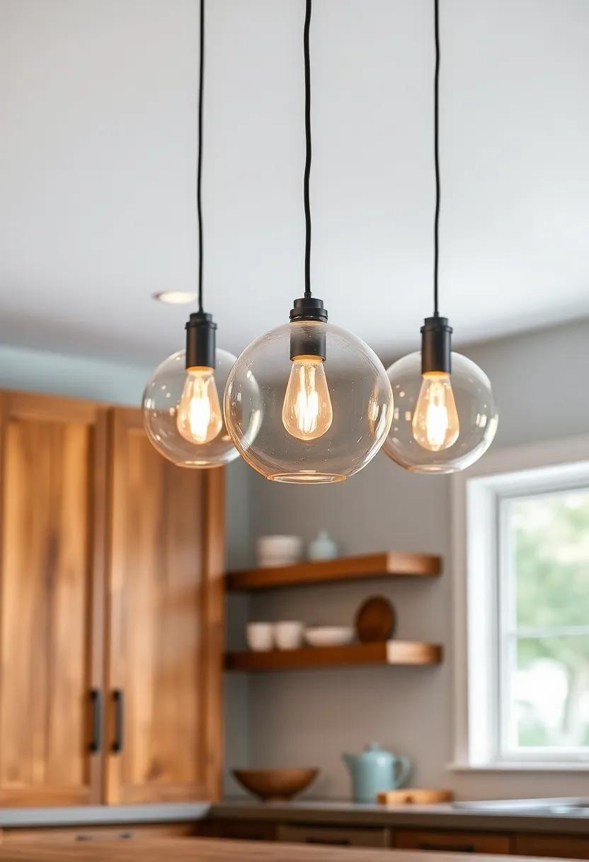 Glass Globe Pendants: choose sleek, clear glass globes that soften hard angles and create an airy vibe in your kitchen while fitting seamlessly into a rustic theme