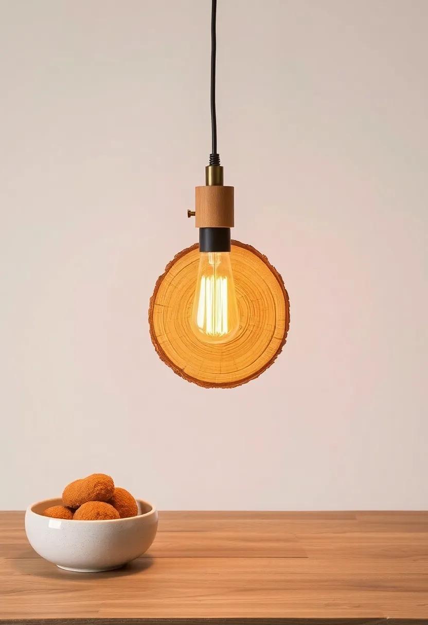 Nature-inspired Wood Slice Lamp: Make a unique addition to your kitchen with a lamp made of polished wood slices, merging organic beauty with functional light