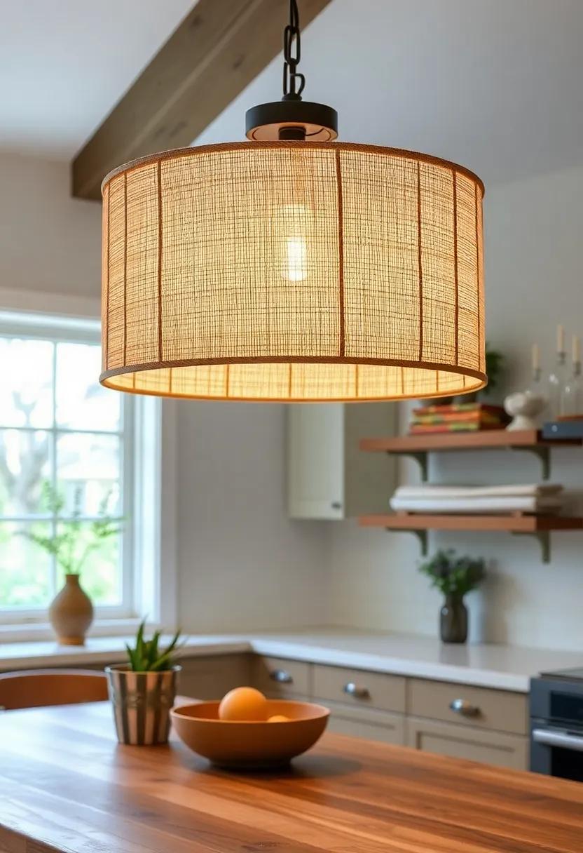 Rustic Drum Shade Pendant: The mix of textures and materials in a rustic drum shade brings warmth while casting a soft, inviting glow throughout the room