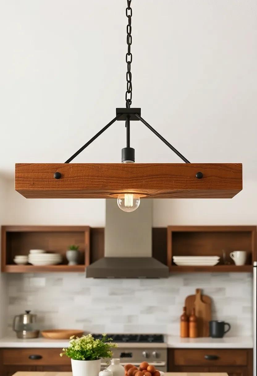 Rustic Beam Pendant Light: Suspend a sturdy beam pendant to add a striking vertical element overhead, ensuring your culinary space feels expansive and cozy