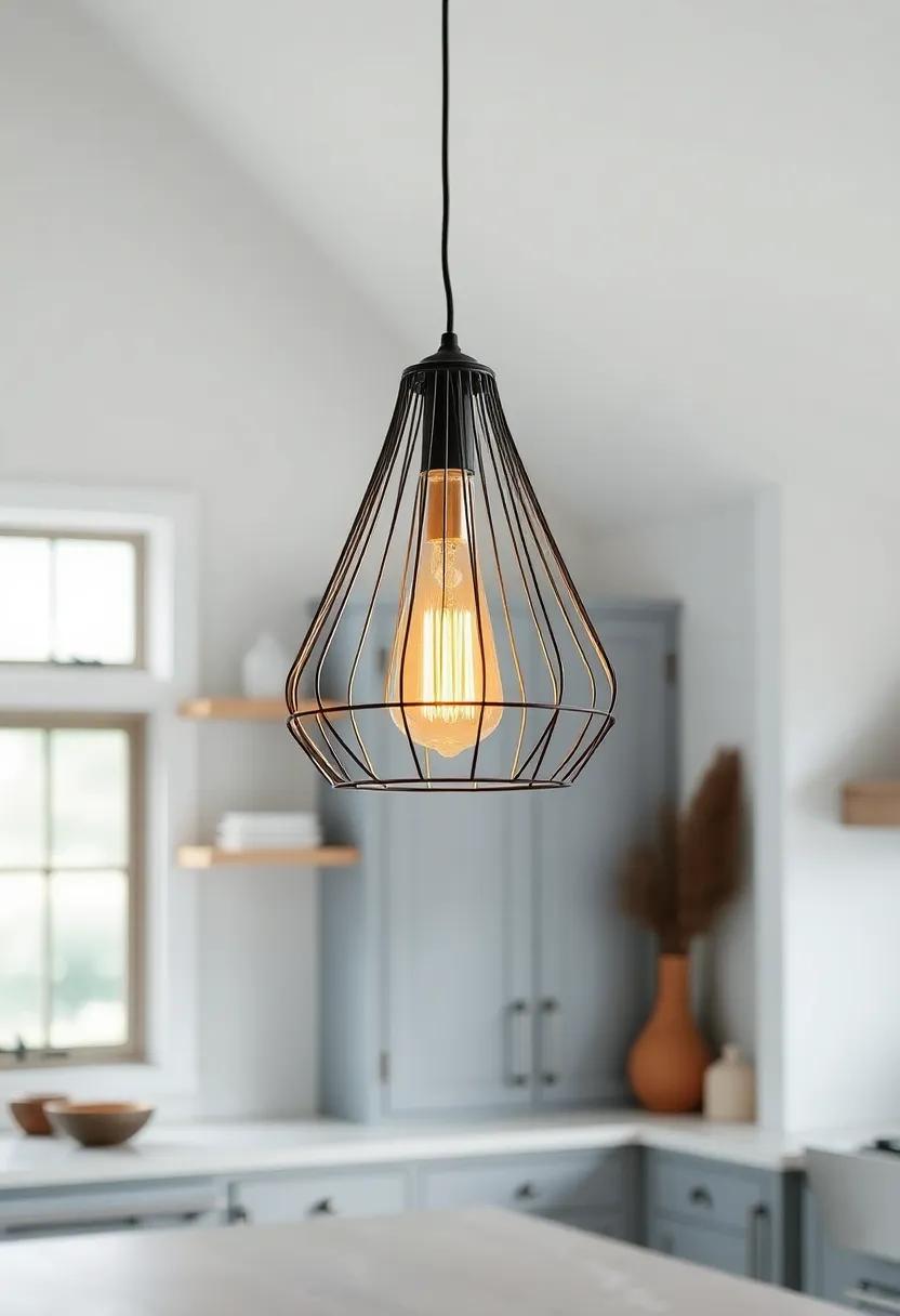 Vintage Wire Pendant Light: Choose understated elegance with an intricately designed vintage wire pendant light that complements a rustic kitchen aesthetic