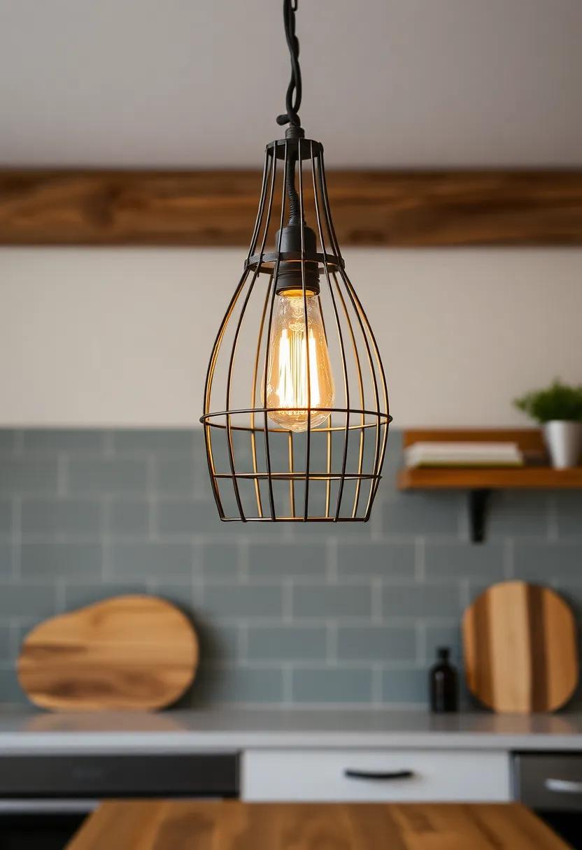 Wire Cage Pendant Light: Embrace industrial chic with a wire cage design that not only protects the bulb but creates a stunning focal point in any rustic kitchen
