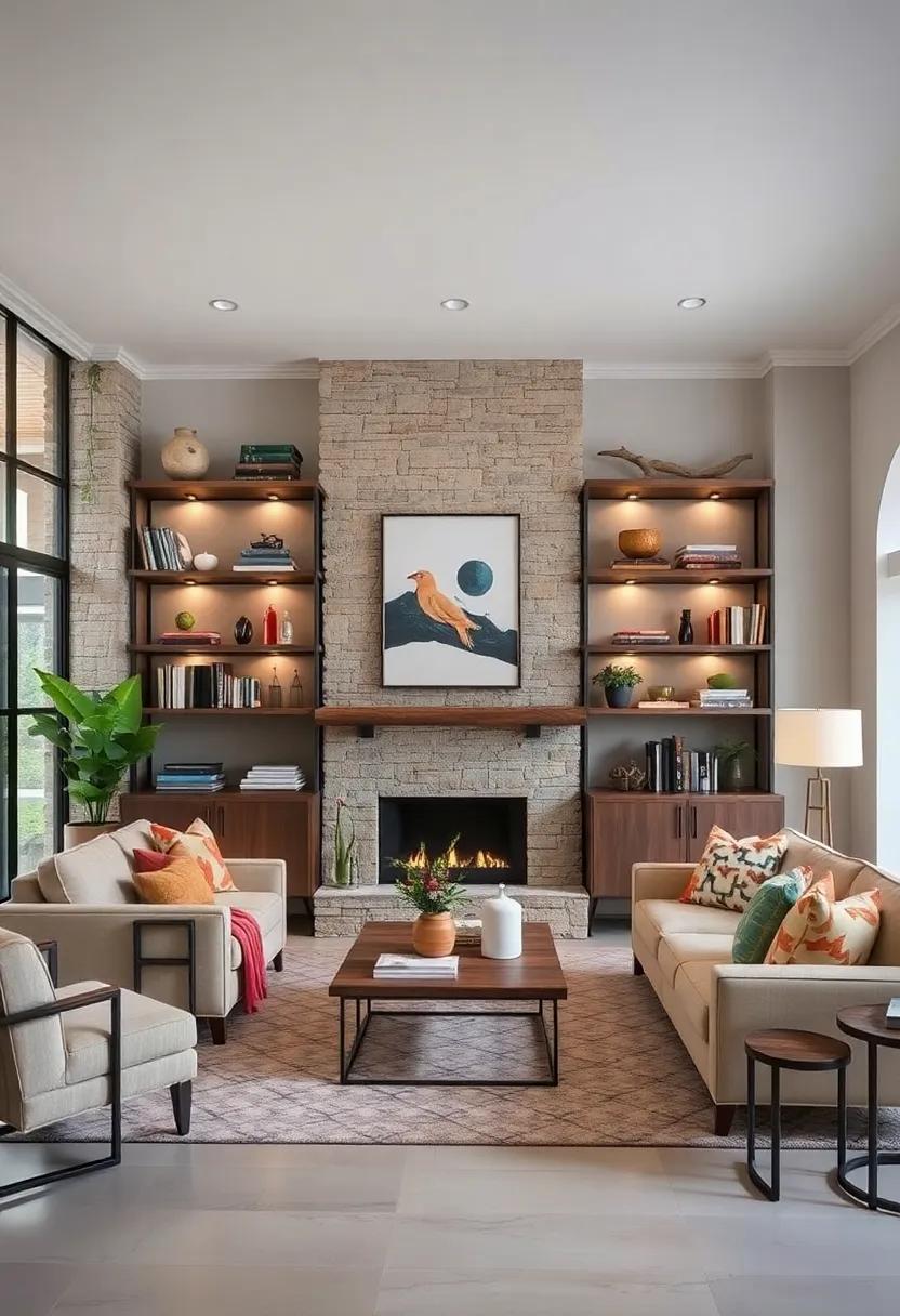 Whimsical ​Tree branch Shelves: Inject a touch of whimsy into your living room with nature-inspired tree branch shelves ‍that enhance the rustic vibe while providing a unique display area