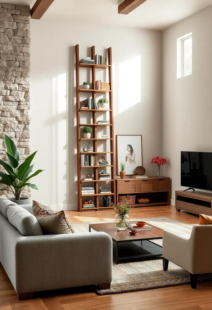 Ladder-Style Inspiration: A ladder-style bookcase ⁣leans elegantly ⁣against the⁣ wall, offering a charming way to display books and ⁤decor while‌ saving space in your cozy⁣ living room