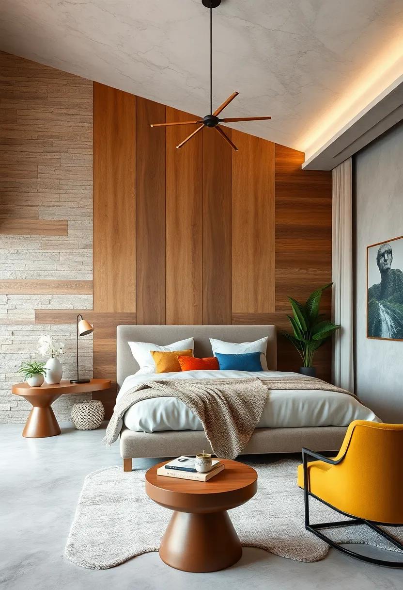 Discover the art of layering wall textures in a chic bedroom,from wood paneling to plaster,creating depth and a luxurious feel in a cozy retreat