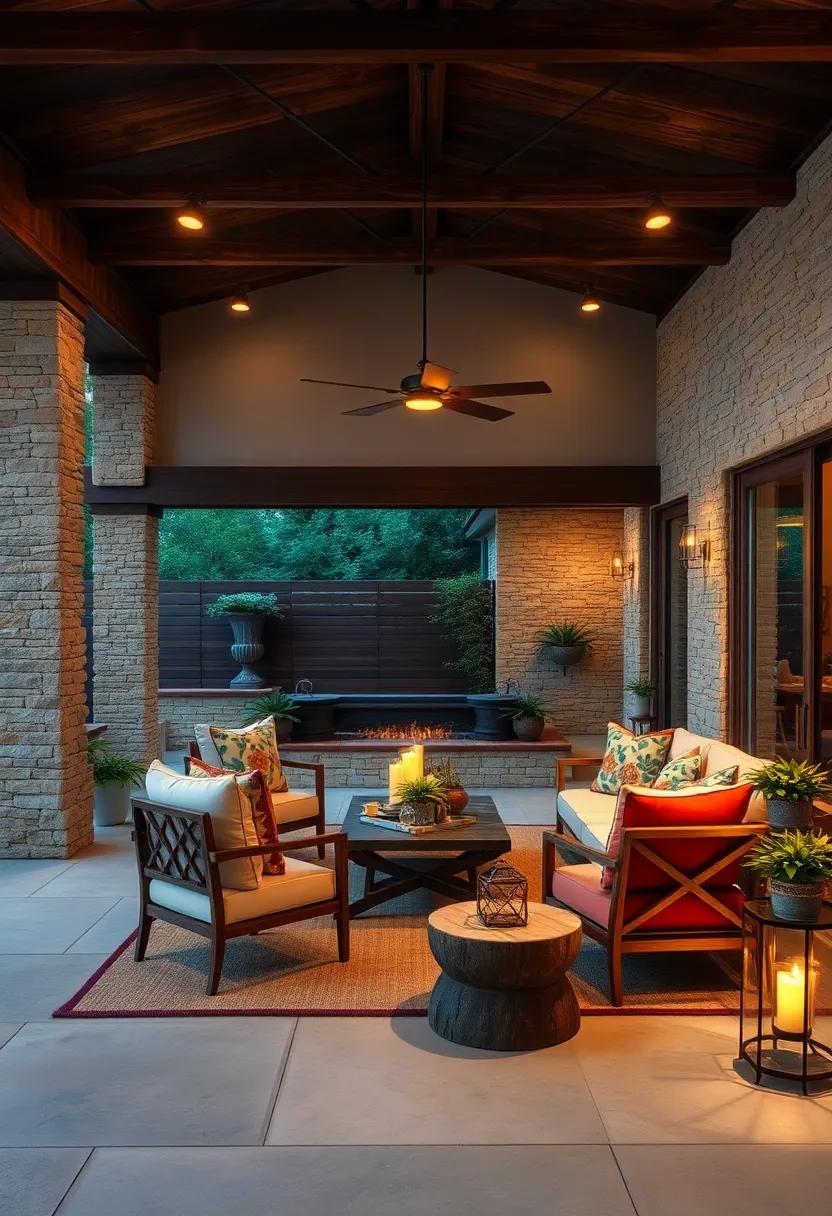 Discover an outdoor patio designed for entertaining,adorned with comfortable seating and rustic wooden elements,offering an elegant escape for gatherings under the stars