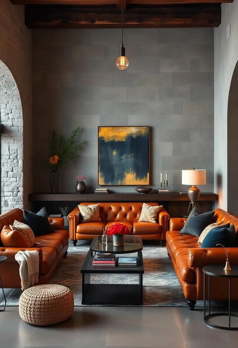 Dive into a cozy den featuring a mixture of classic leather furniture and contemporary art pieces, achieving balance and sophistication in a welcoming environment