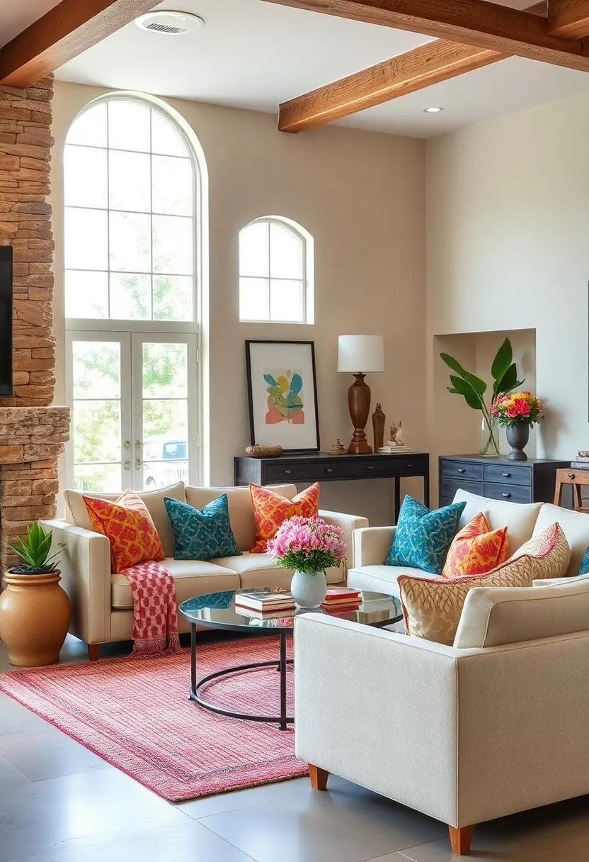 Embrace a playful take on rustic luxury with vibrant accent pillows in a light-filled living room, channeling both comfort and a chic sense of style