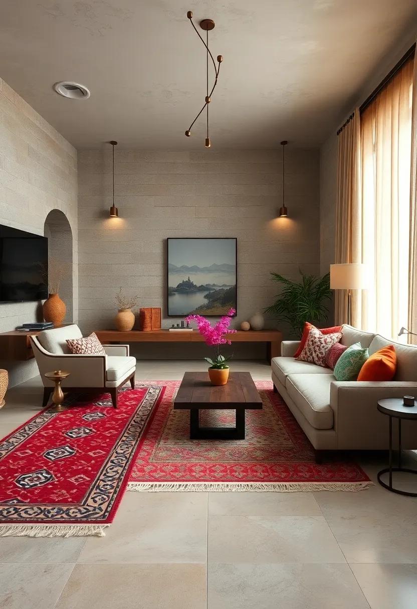 Enjoy the visual delight of layered rugs that blend rich patterns with modern simplicity, grounding the space while enhancing its rustic luxurious feel