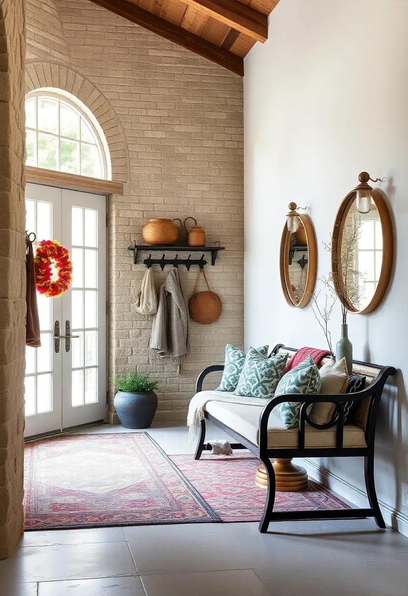 Experience the charm of a rustic entryway, where vintage hooks and a cleverly designed bench provide both function and flair, making a stunning first impression