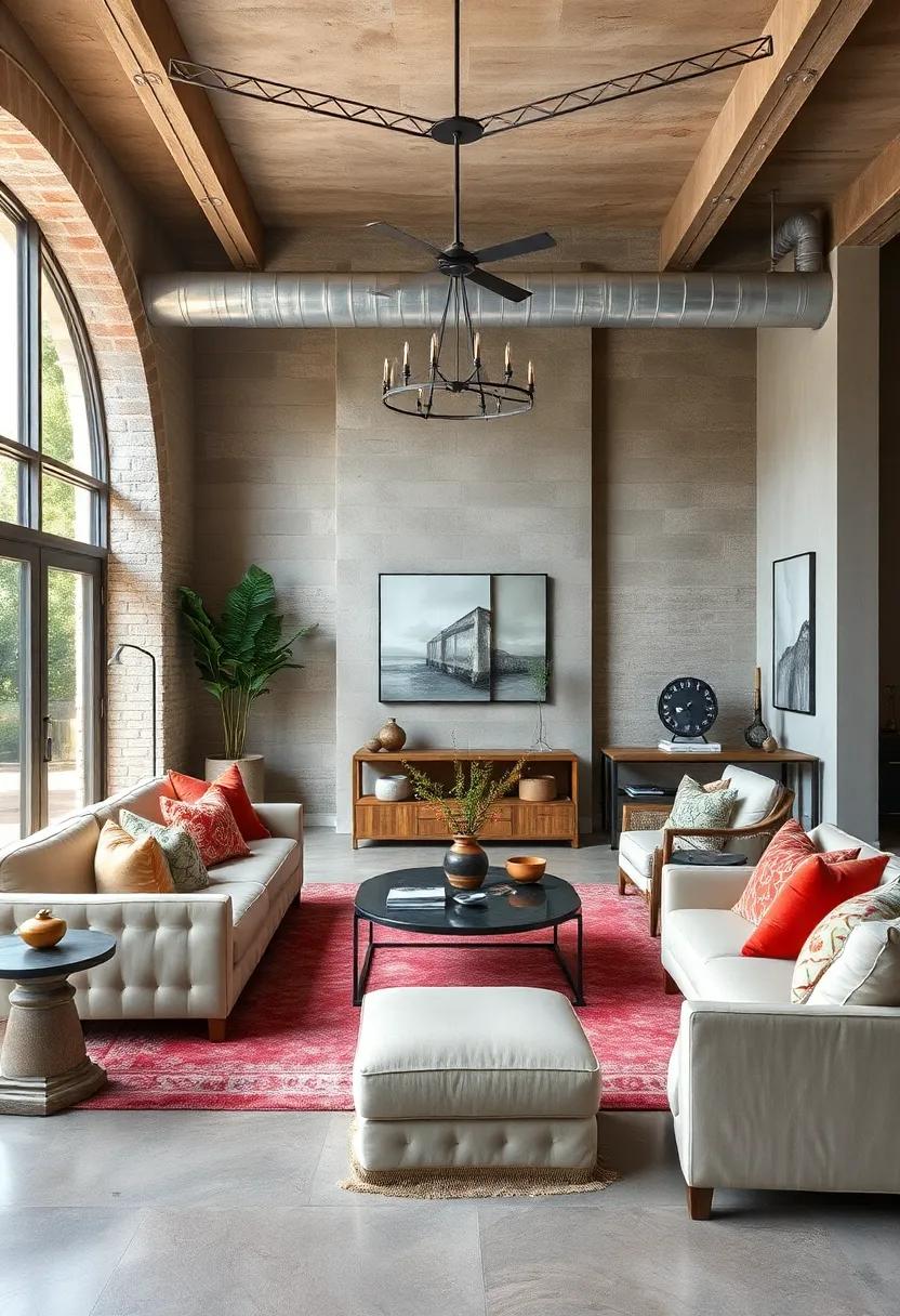 Experience the fusion of industrial elements with soft fabrics in an eclectic living space, where metal accents harmonize with plush décor for a truly unique aesthetic