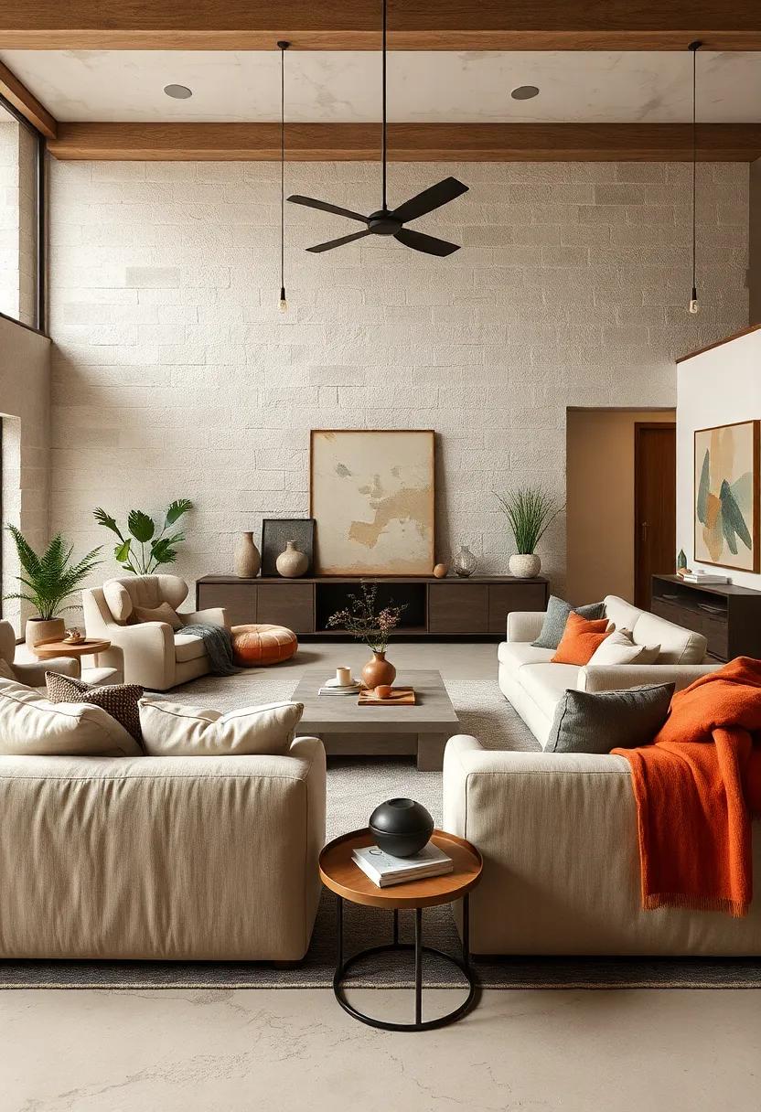 Experience the serenity of a minimalist living room adorned with plush, oversized furniture paired with earthy textiles, inviting relaxation in a sophisticated setting